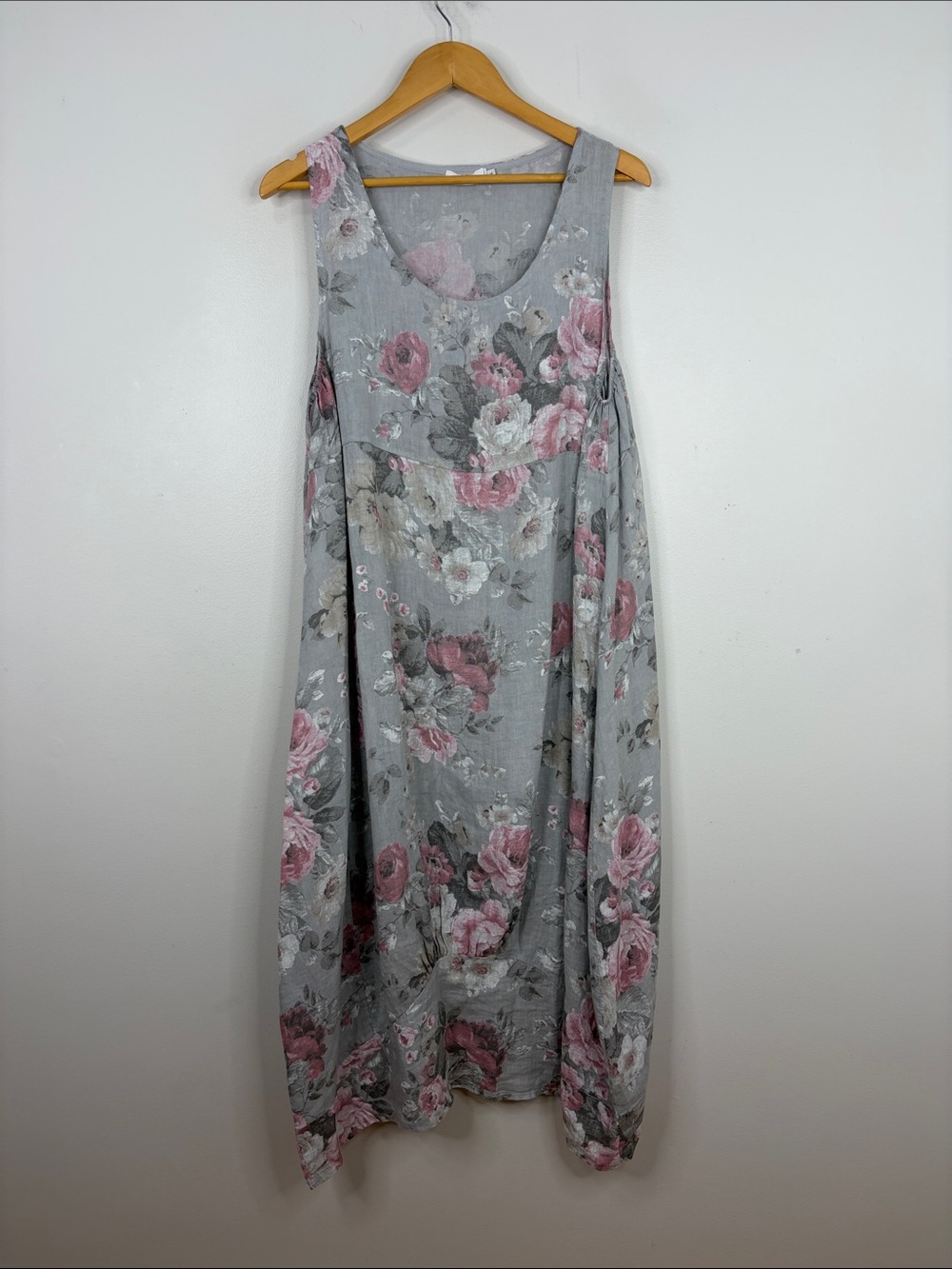Linen Maxi Dress Womens XL Gray Pink Peony Floral Sleeveless Lantern Pockets